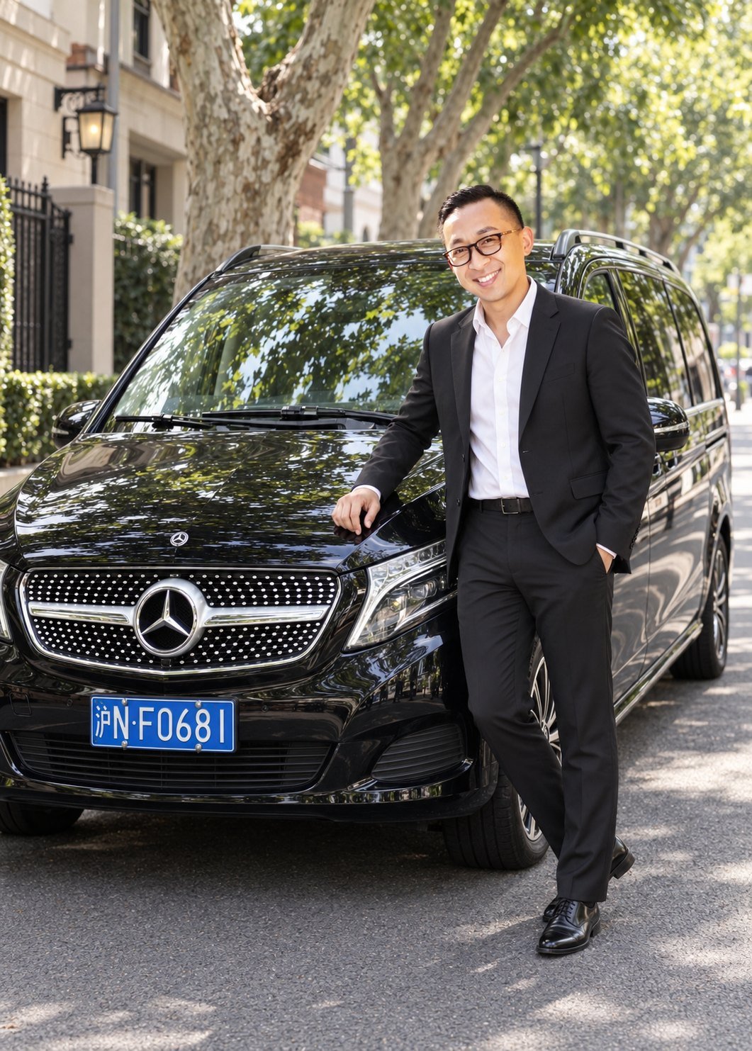 Tom standing beside a Mercedes V-Class in Shanghai